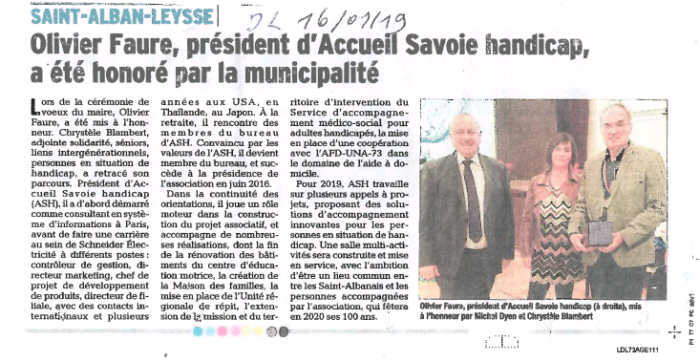 Le Président d’Accueil Savoie Handicap est honoré par la municipalité de Saint Alban Leysse