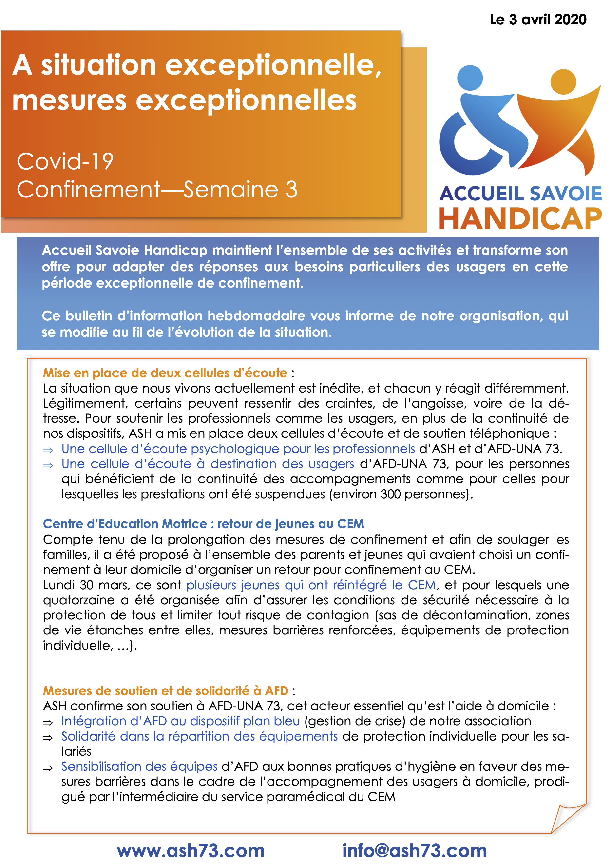 A situation exceptionnelle, mesures exceptionnelles – Semaine 3 du  confinement - Accueil Savoie Handicap